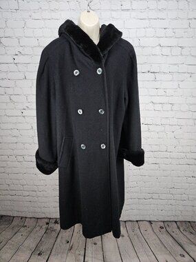 VTG Charles Klein Black 100% Wool Faux Fur Hooded Double Breasted Coat 20WP